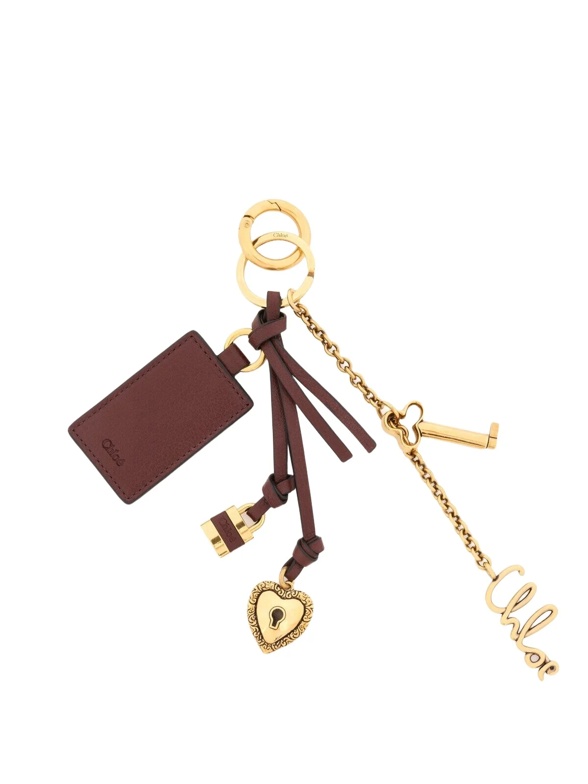 Chloé Chloé Symbols Heart & Lock key ring bag charm in brass & leather