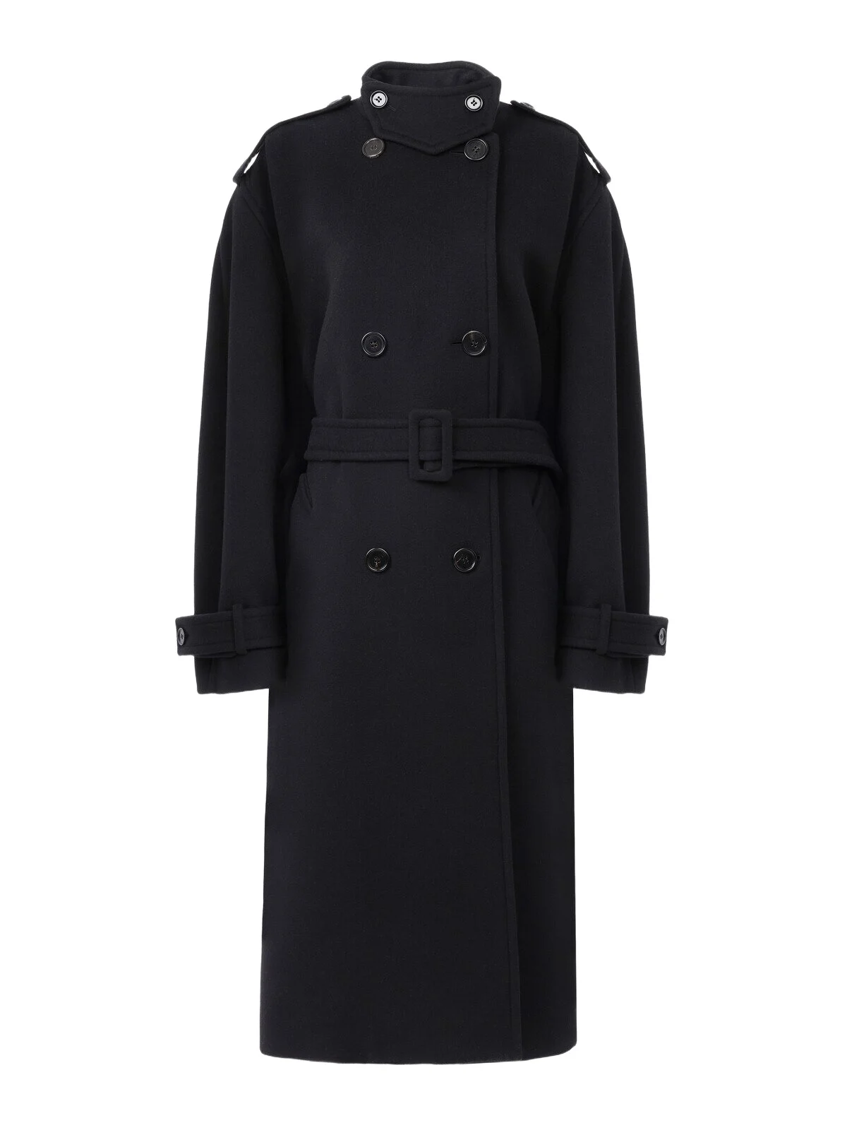High-neck long coat in double-face wool