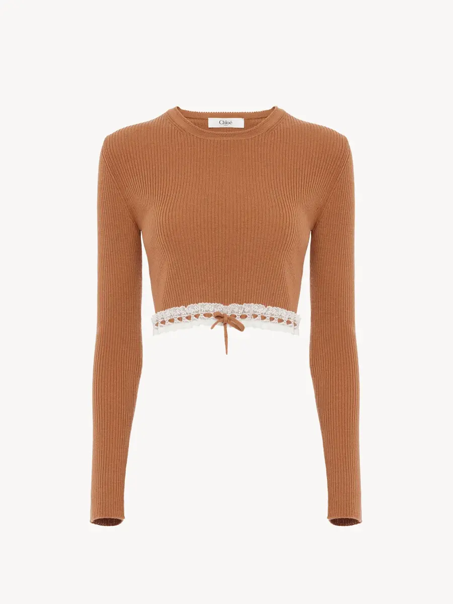 Chloé Cropped fitted sweater in a wool knit & lace | Thumbnail 2