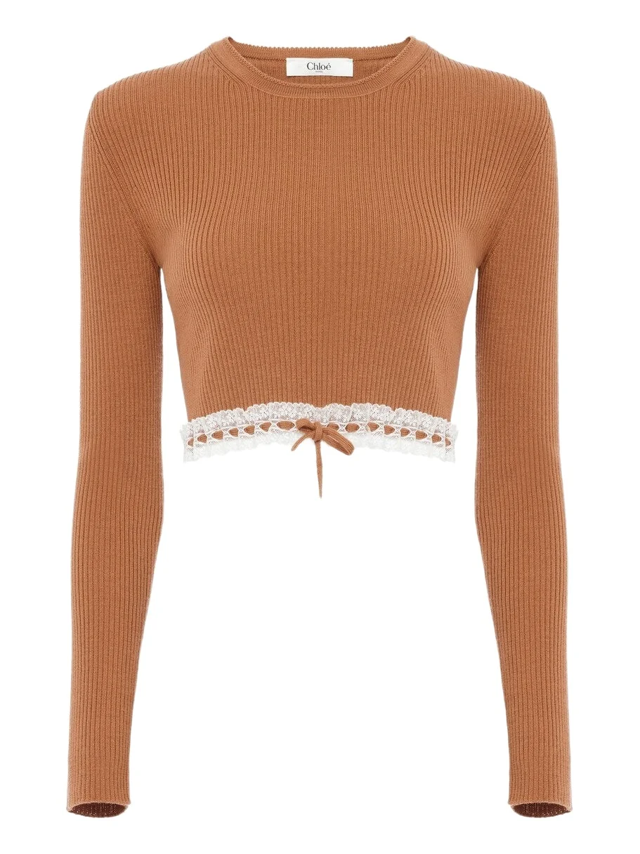 Cropped fitted sweater in a wool knit & lace