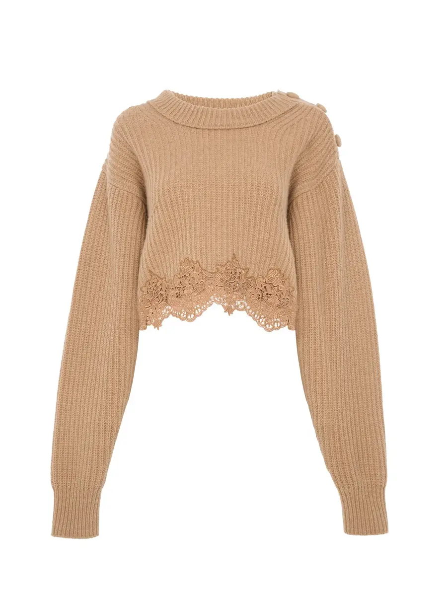 Chloé Cropped mock-neck sweater in a wool and cashmere knit & lace | Image 1 Chloé Cropped mock-neck sweater in a wool and cashmere knit & lace | Image 1