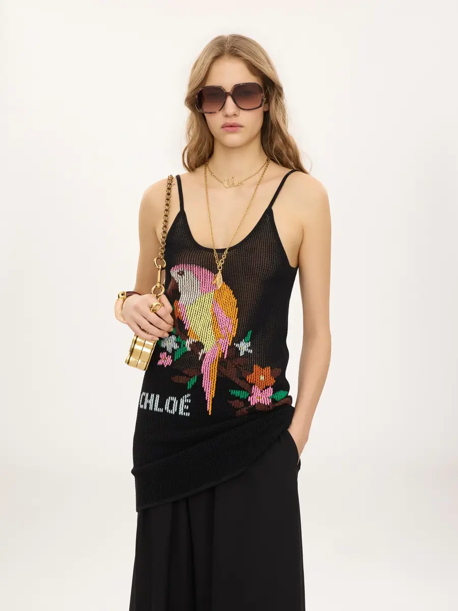 Chloé Thin-strap fitted logo mini dress in a cotton mesh knit | Thumbnail 4