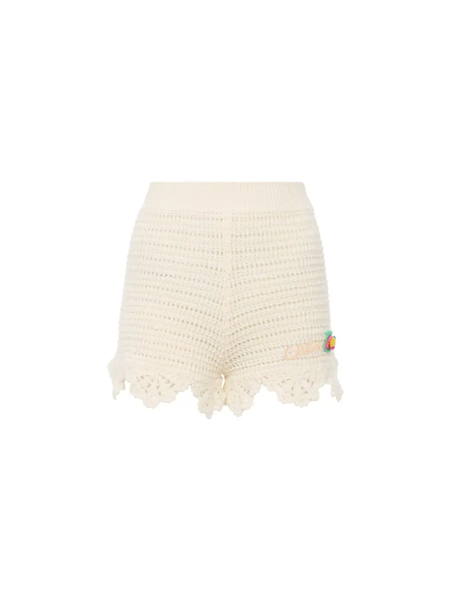 Chloé High-waisted logo mini shorts in crochet knit | Image 1 Chloé High-waisted logo mini shorts in crochet knit | Image 1