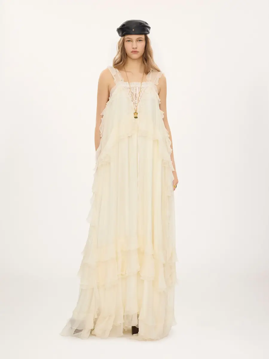 Chloé Sleeveless layered long dress in silk mousseline & lace | Thumbnail 3 Chloé Sleeveless layered long dress in silk mousseline & lace | Thumbnail 3