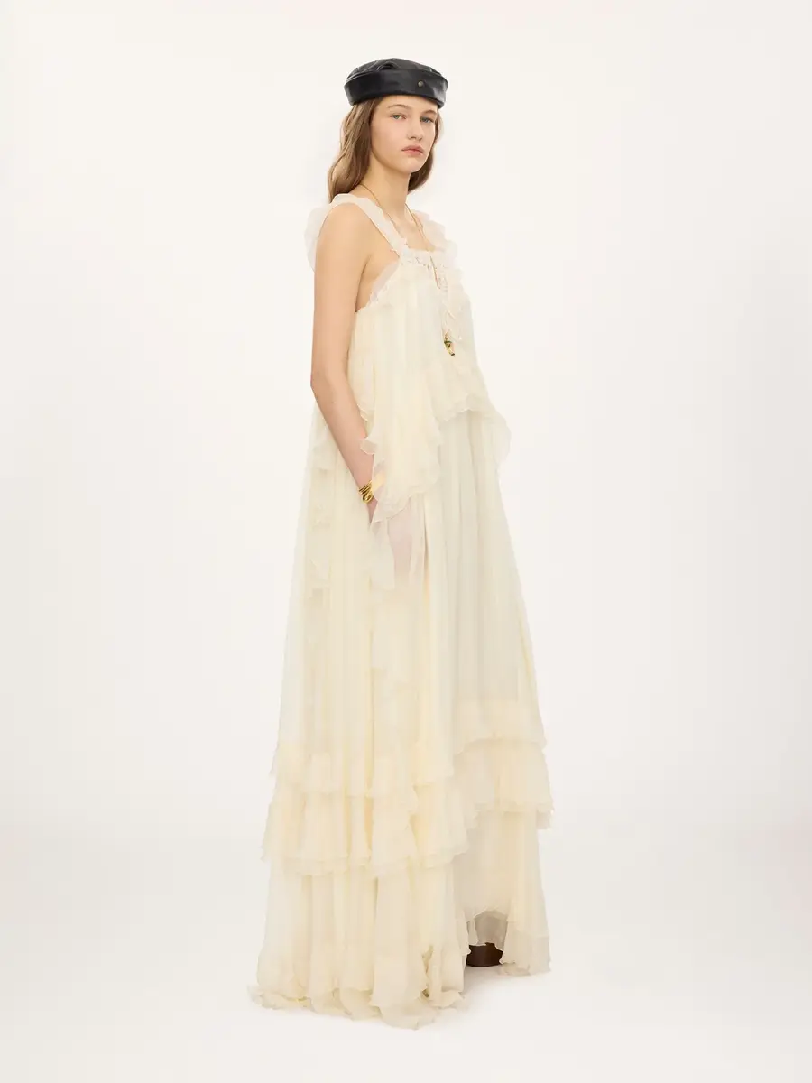 Chloé Sleeveless layered long dress in silk mousseline & lace | Thumbnail 5 Chloé Sleeveless layered long dress in silk mousseline & lace | Thumbnail 5