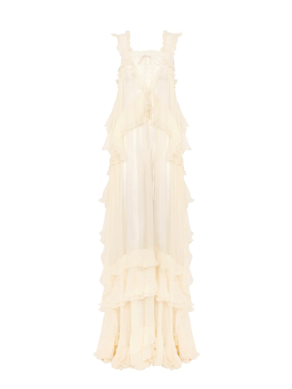 Sleeveless layered long dress in silk mousseline & lace Sleeveless layered long dress in silk mousseline & lace