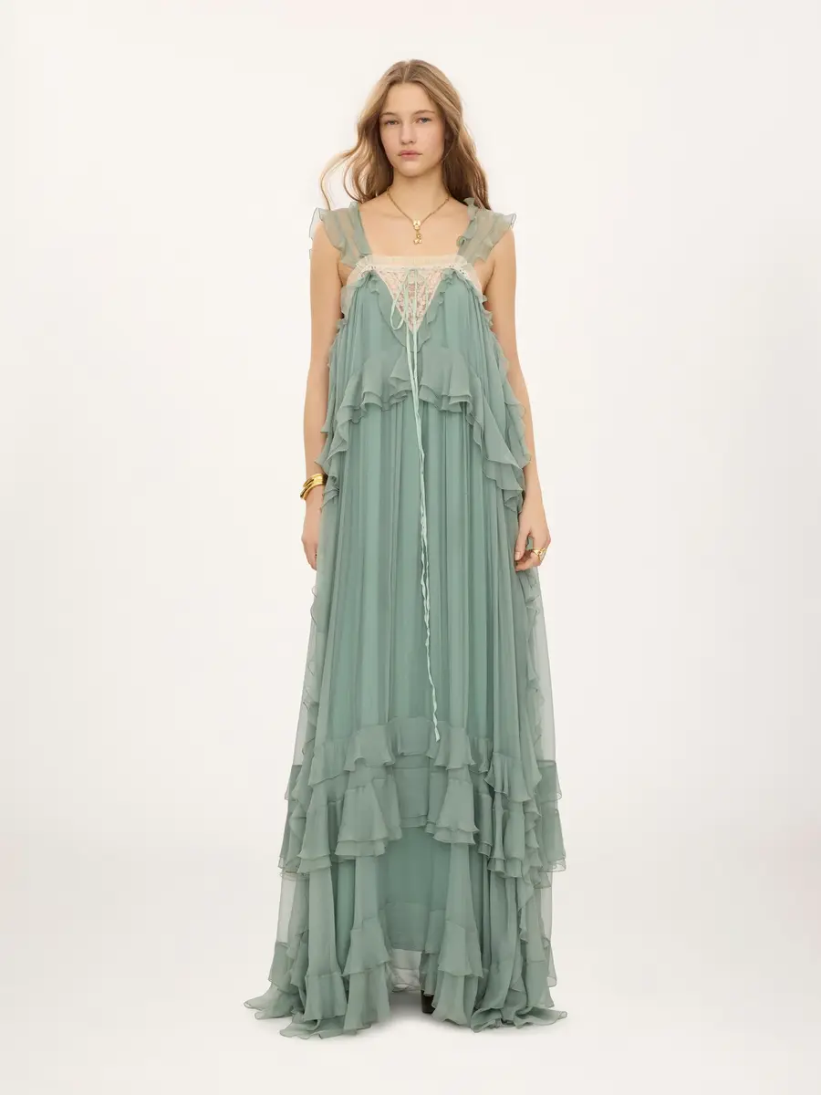 Chloé Sleeveless layered long dress in silk mousseline & lace | Thumbnail 3 Chloé Sleeveless layered long dress in silk mousseline & lace | Thumbnail 3