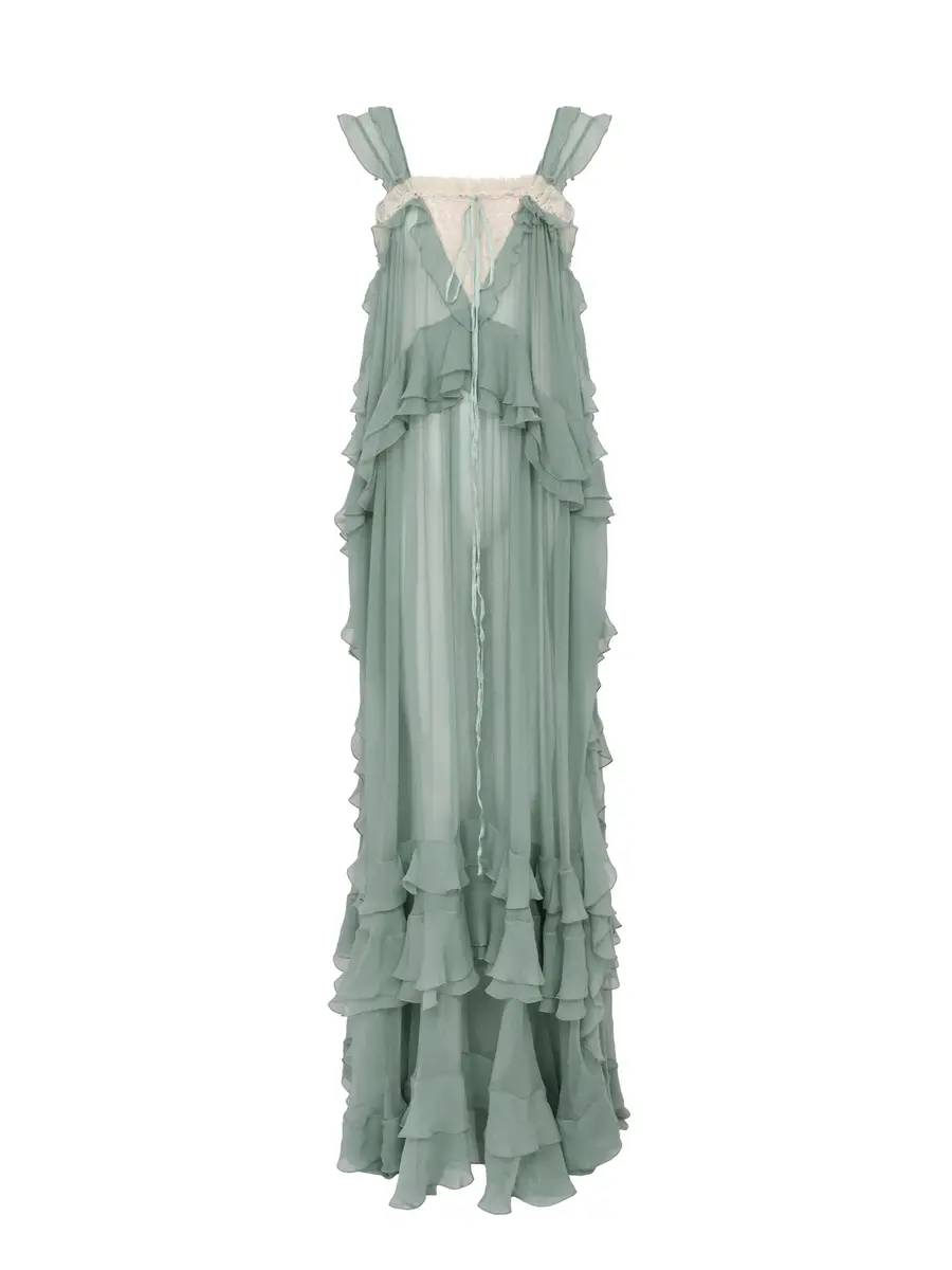 Chloé Sleeveless layered long dress in silk mousseline & lace | Image 1 Chloé Sleeveless layered long dress in silk mousseline & lace | Image 1