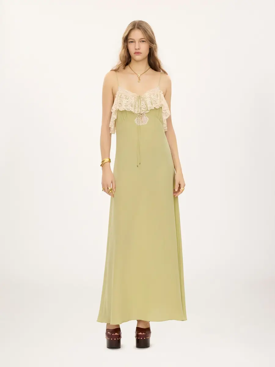 Chloé Thin-strap long dress in crêpe de chine & lace | Thumbnail 3 Chloé Thin-strap long dress in crêpe de chine & lace | Thumbnail 3