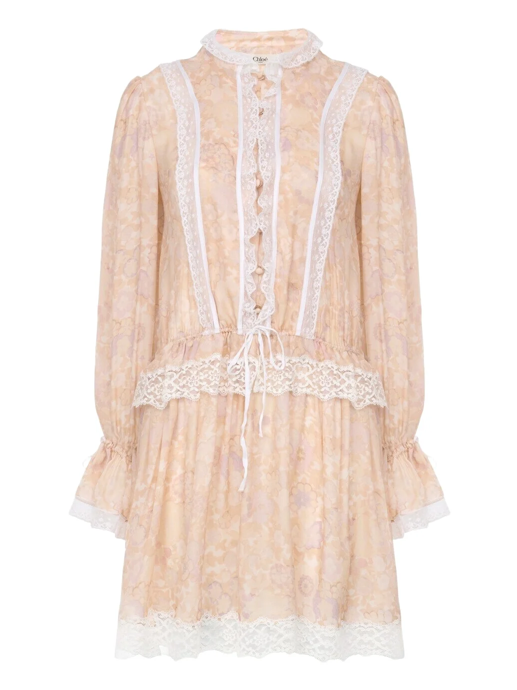 Puff-sleeve mini dress in silk charmeuse & lace Puff-sleeve mini dress in silk charmeuse & lace