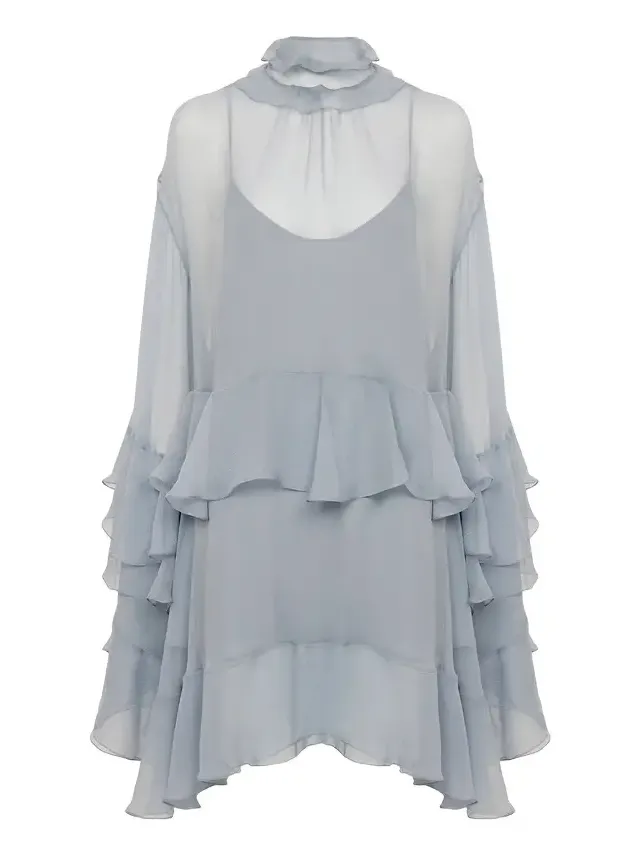 Ruffled mini dress in silk mousseline