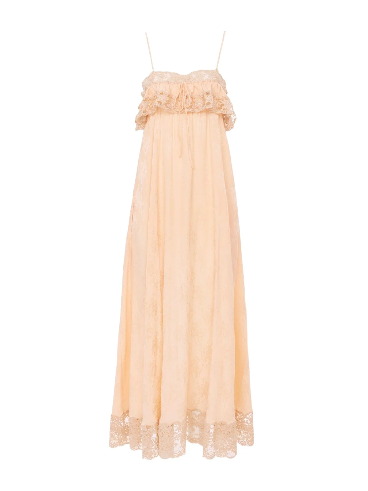 Thin-strap long dress in silk jacquard & lace