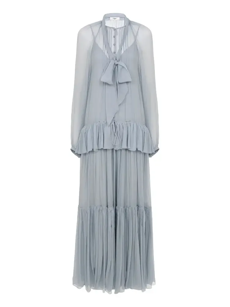 Fluid lavallière long dress in silk mousseline