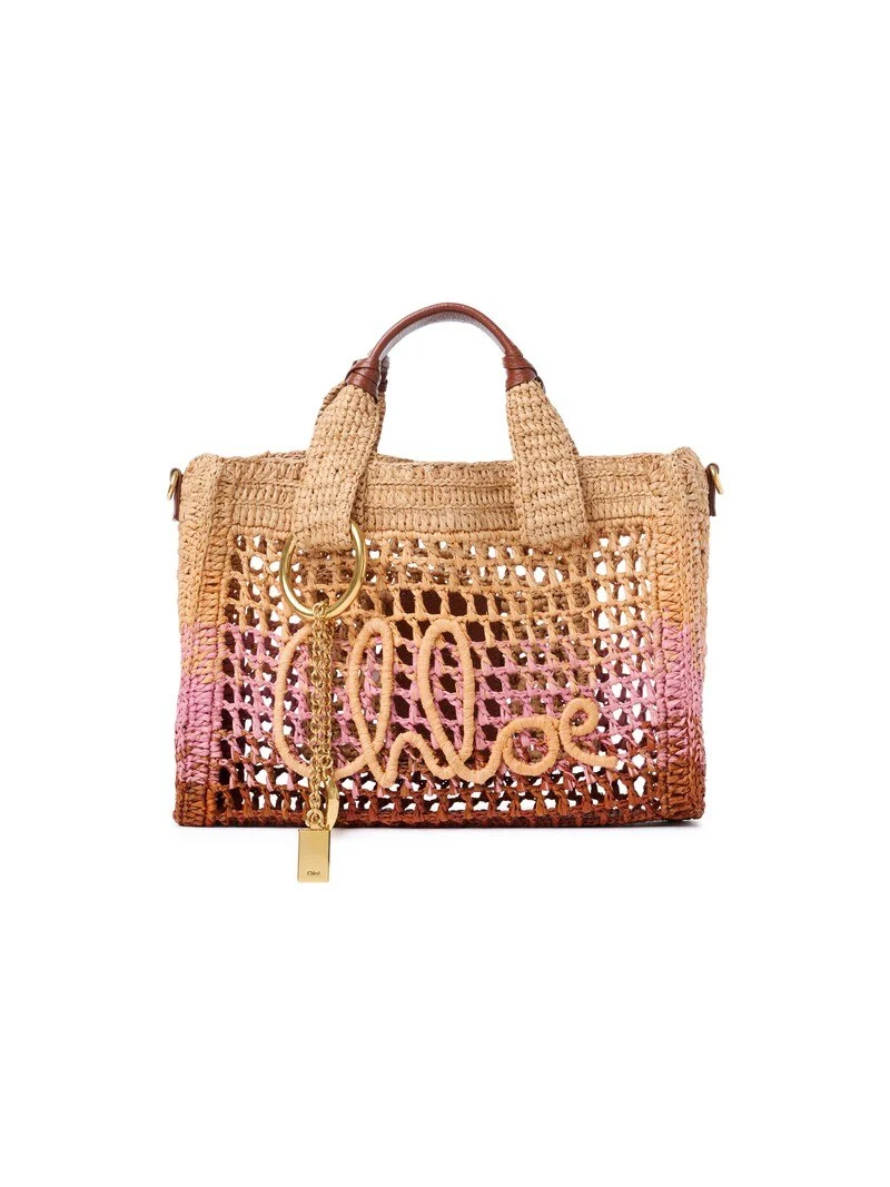 Chloé Small Summer Banana east-west tote bag with strap in raffia