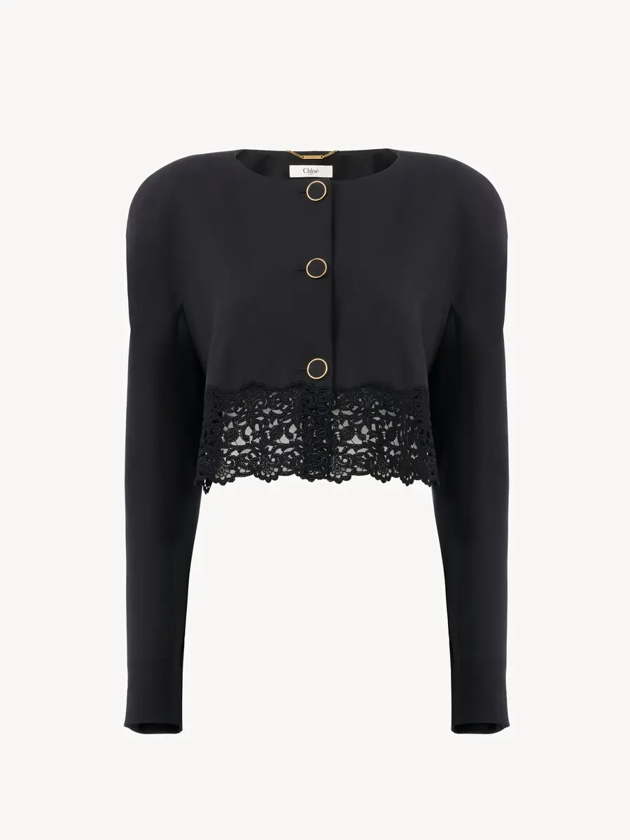 Chloé Collarless cropped jacket in wool grain de poudre & lace | Thumbnail 2