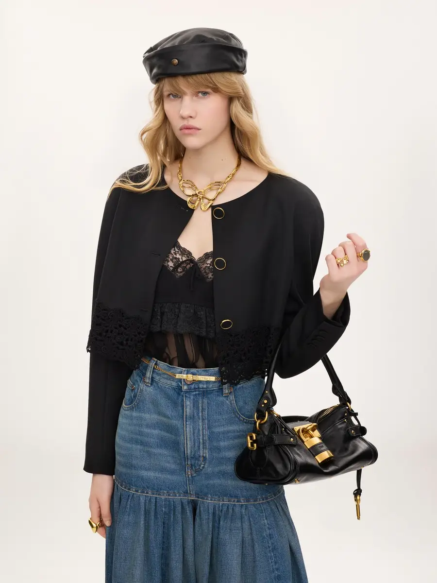 Chloé Collarless cropped jacket in wool grain de poudre & lace | Thumbnail 4