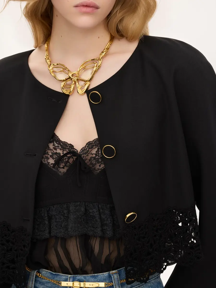 Chloé Collarless cropped jacket in wool grain de poudre & lace | Thumbnail 6