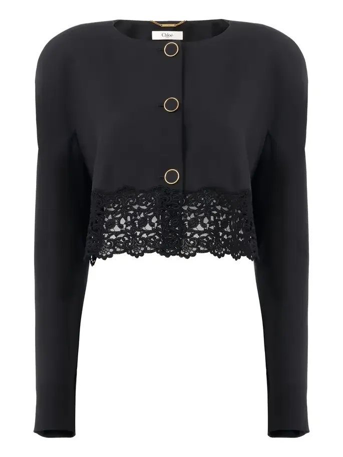 Chloé Collarless cropped jacket in wool grain de poudre & lace