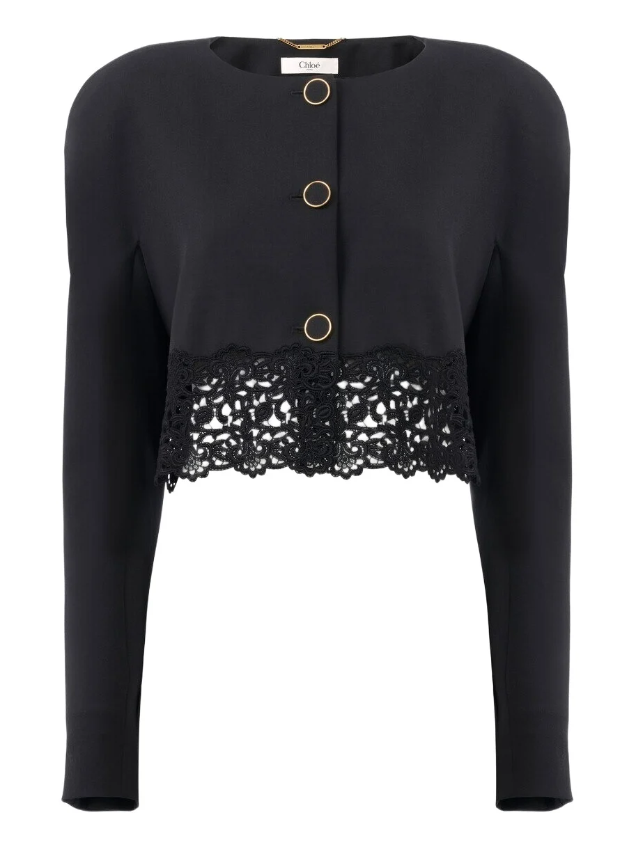 Collarless cropped jacket in wool grain de poudre & lace Collarless cropped jacket in wool grain de poudre & lace