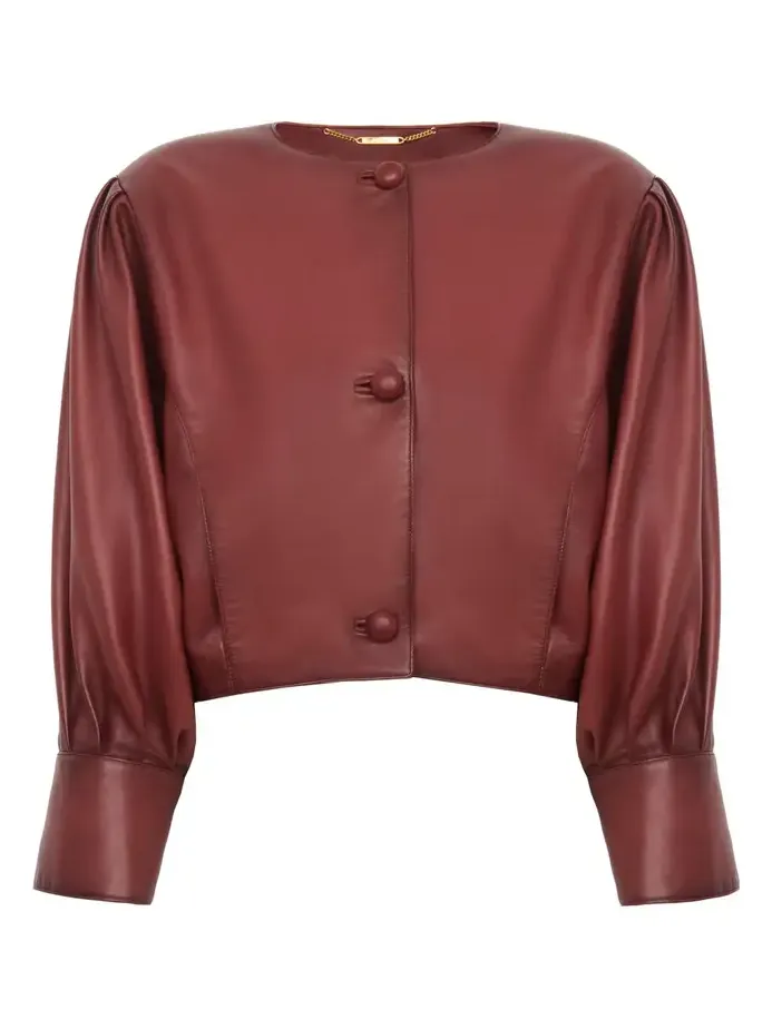 Cropped collarless jacket in leather Cropped collarless jacket in leather