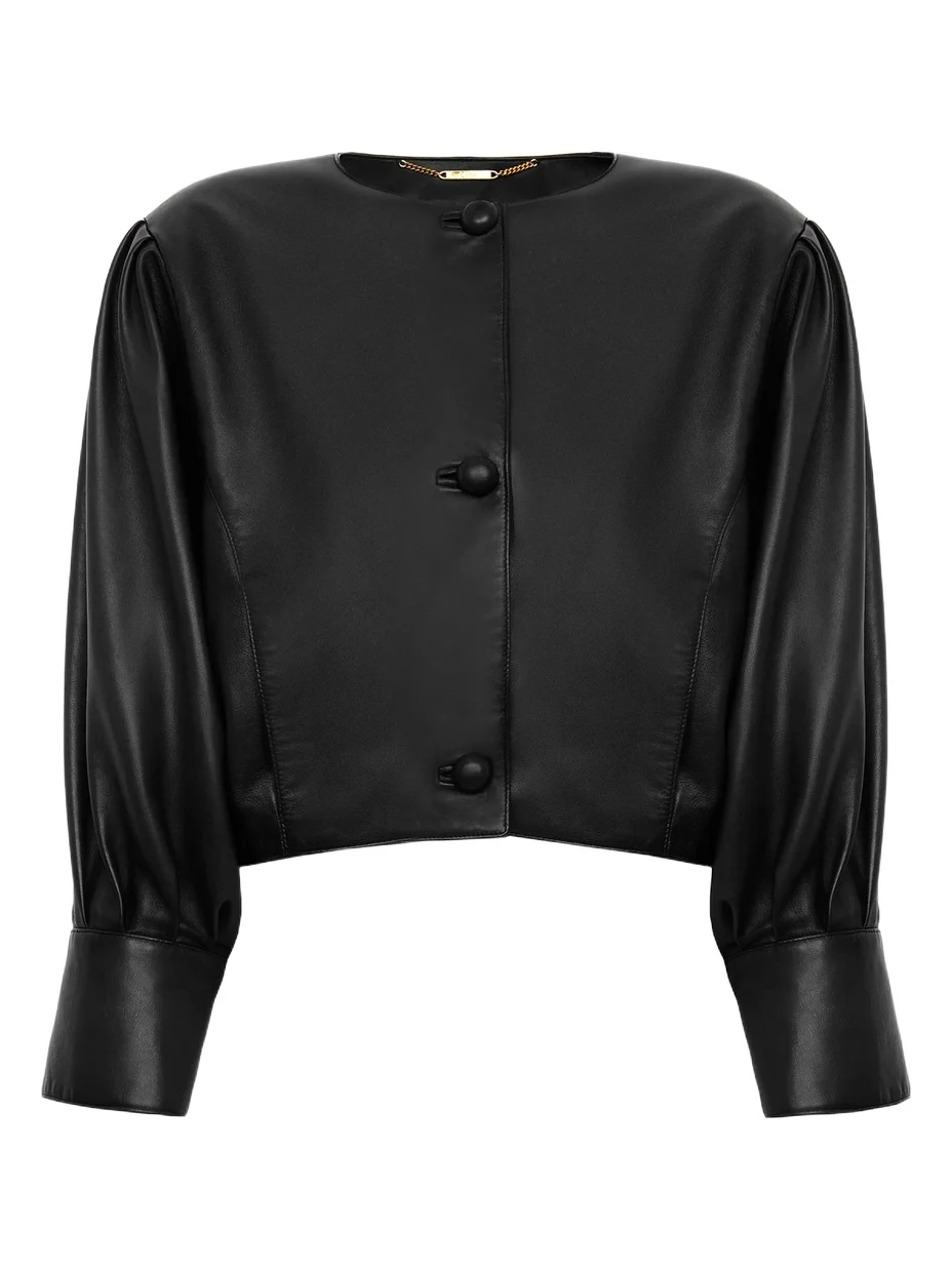 Cropped collarless jacket in leather