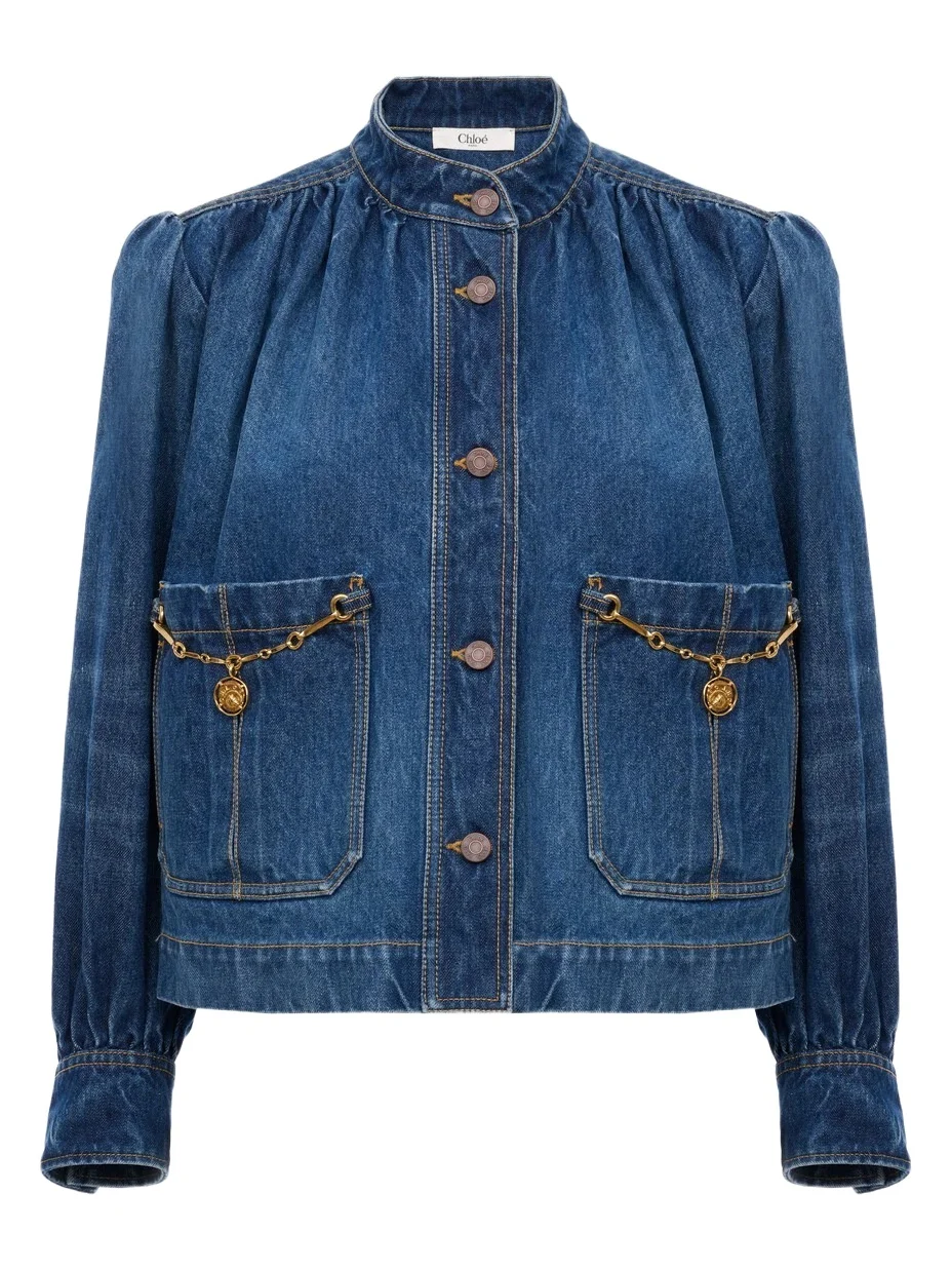 High-neck gathered jacket in denim High-neck gathered jacket in denim
