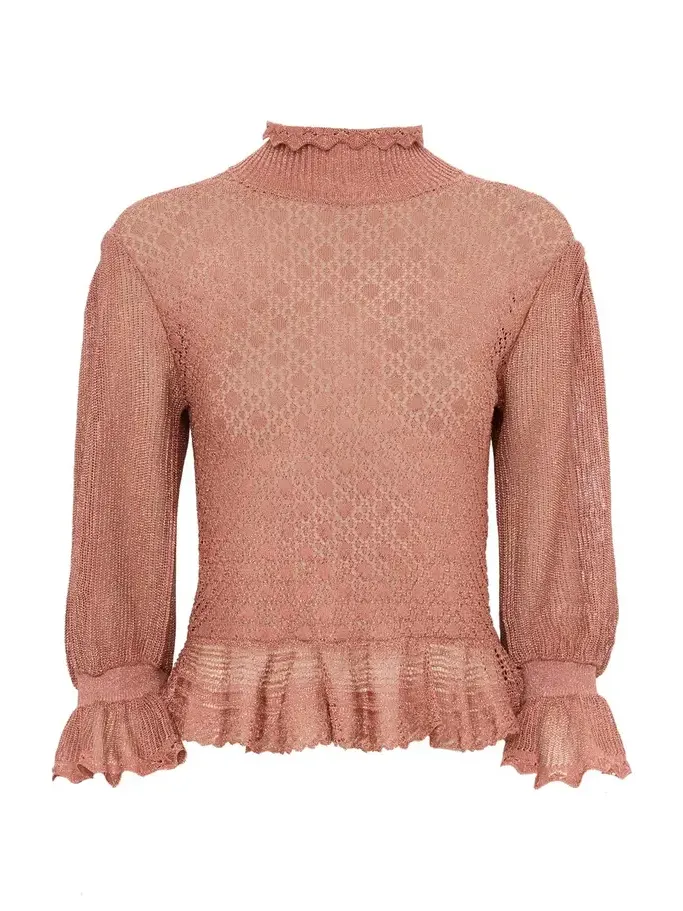 Ruffled puff-sleeve sweater in a lurex knit