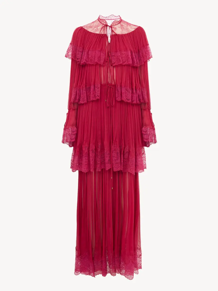Chloé Long ruffled dress in silk mousseline & lace | Thumbnail 2 Chloé Long ruffled dress in silk mousseline & lace | Thumbnail 2