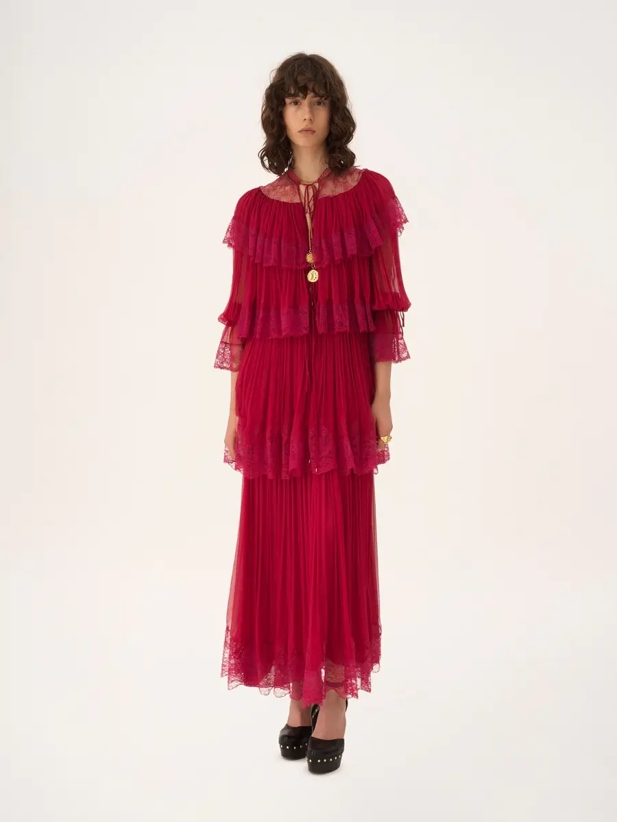 Chloé Long ruffled dress in silk mousseline & lace | Thumbnail 3 Chloé Long ruffled dress in silk mousseline & lace | Thumbnail 3