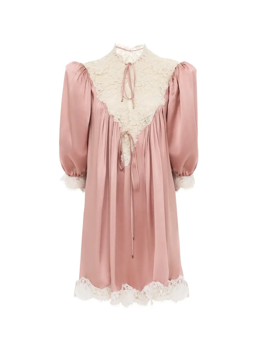 Chloé Gathered V-neck mini dress in washed silk satin & lace | Thumbnail 2 Chloé Gathered V-neck mini dress in washed silk satin & lace | Thumbnail 2