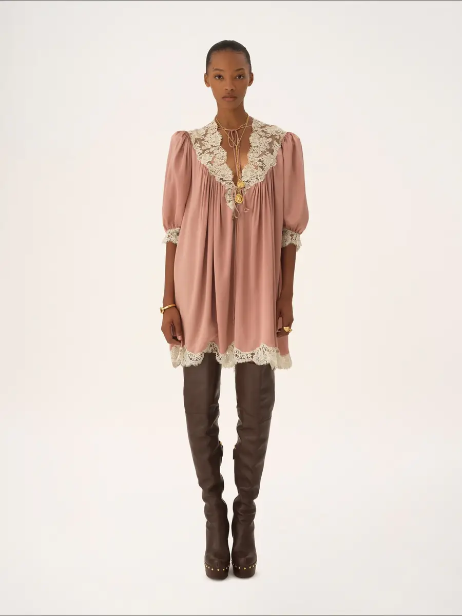 Chloé Gathered V-neck mini dress in washed silk satin & lace | Thumbnail 3 Chloé Gathered V-neck mini dress in washed silk satin & lace | Thumbnail 3