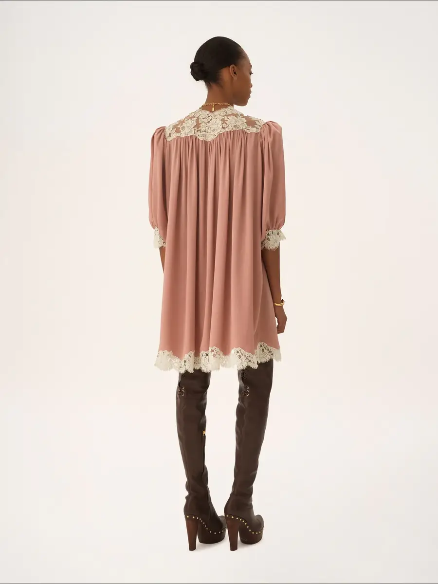 Chloé Gathered V-neck mini dress in washed silk satin & lace | Thumbnail 4 Chloé Gathered V-neck mini dress in washed silk satin & lace | Thumbnail 4