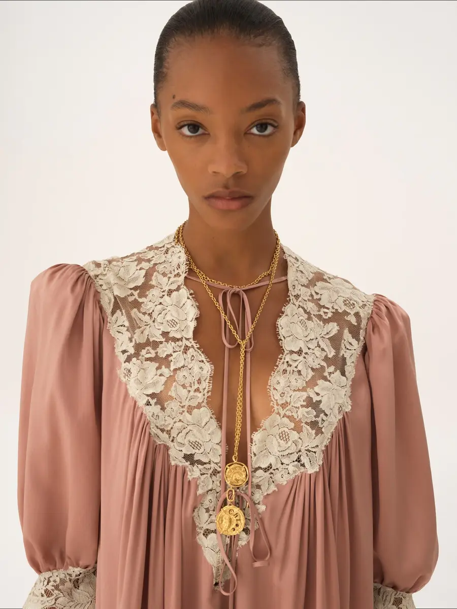 Chloé Gathered V-neck mini dress in washed silk satin & lace | Thumbnail 5 Chloé Gathered V-neck mini dress in washed silk satin & lace | Thumbnail 5