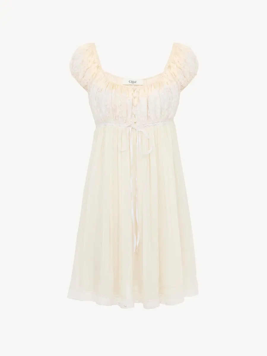 Chloé Short-sleeve mini dress in silk mousseline & lace | Thumbnail 2 Chloé Short-sleeve mini dress in silk mousseline & lace | Thumbnail 2