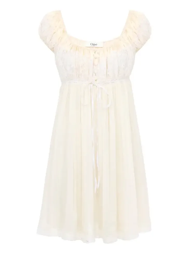 Short-sleeve mini dress in silk mousseline & lace