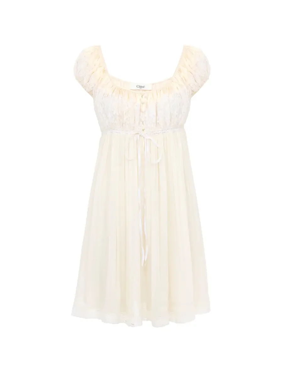 Chloé Short-sleeve mini dress in silk mousseline & lace | Image 1 Chloé Short-sleeve mini dress in silk mousseline & lace | Image 1