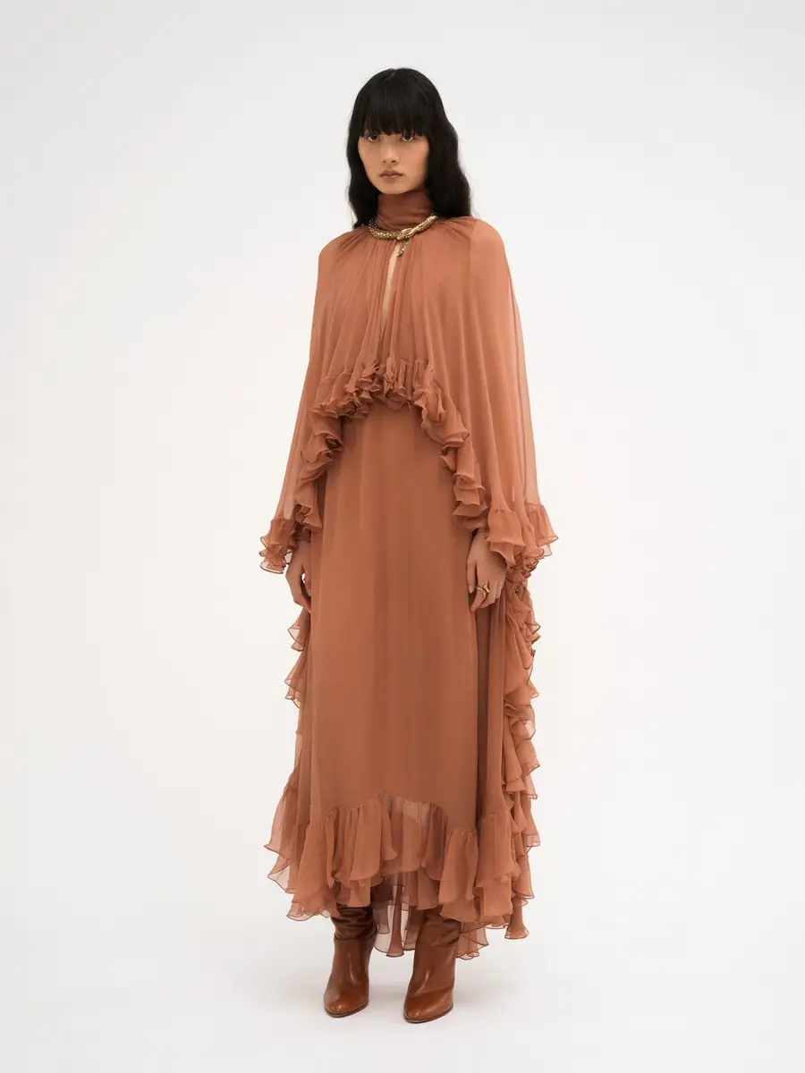 Chloé Mock-Neck Ruffle Dress In Silk Mousseline | Thumbnail 2 Chloé Mock-Neck Ruffle Dress In Silk Mousseline | Thumbnail 2