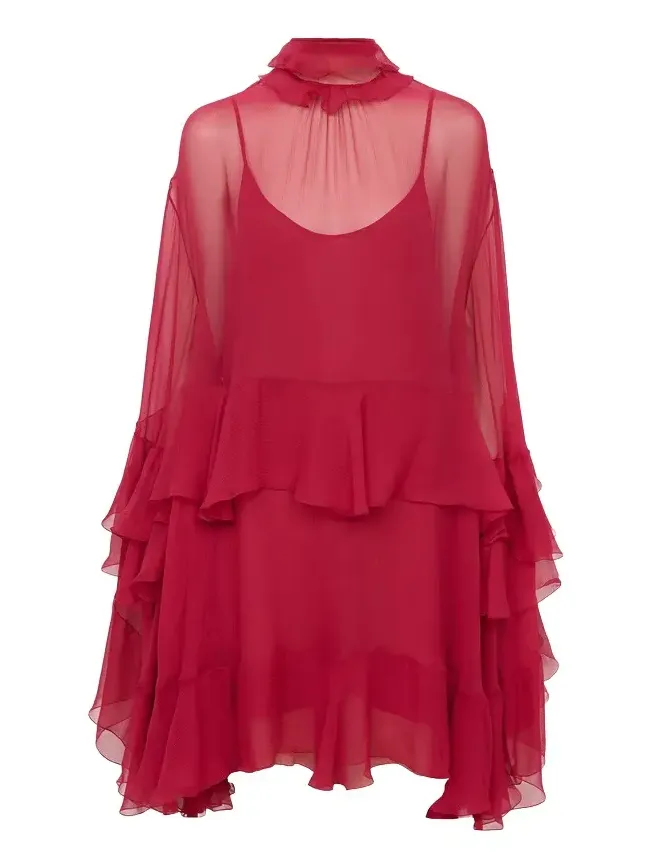 Ruffled mini dress in silk mousseline
