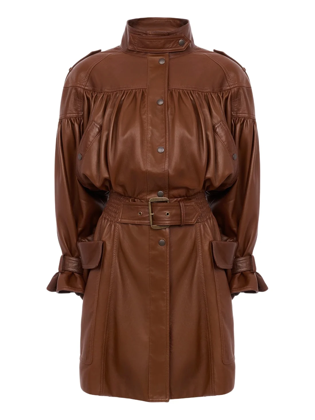High-neck puff-sleeve coat in leather High-neck puff-sleeve coat in leather