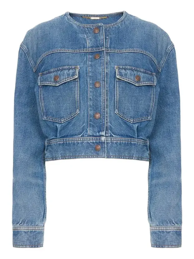 Collarless cropped jacket in denim