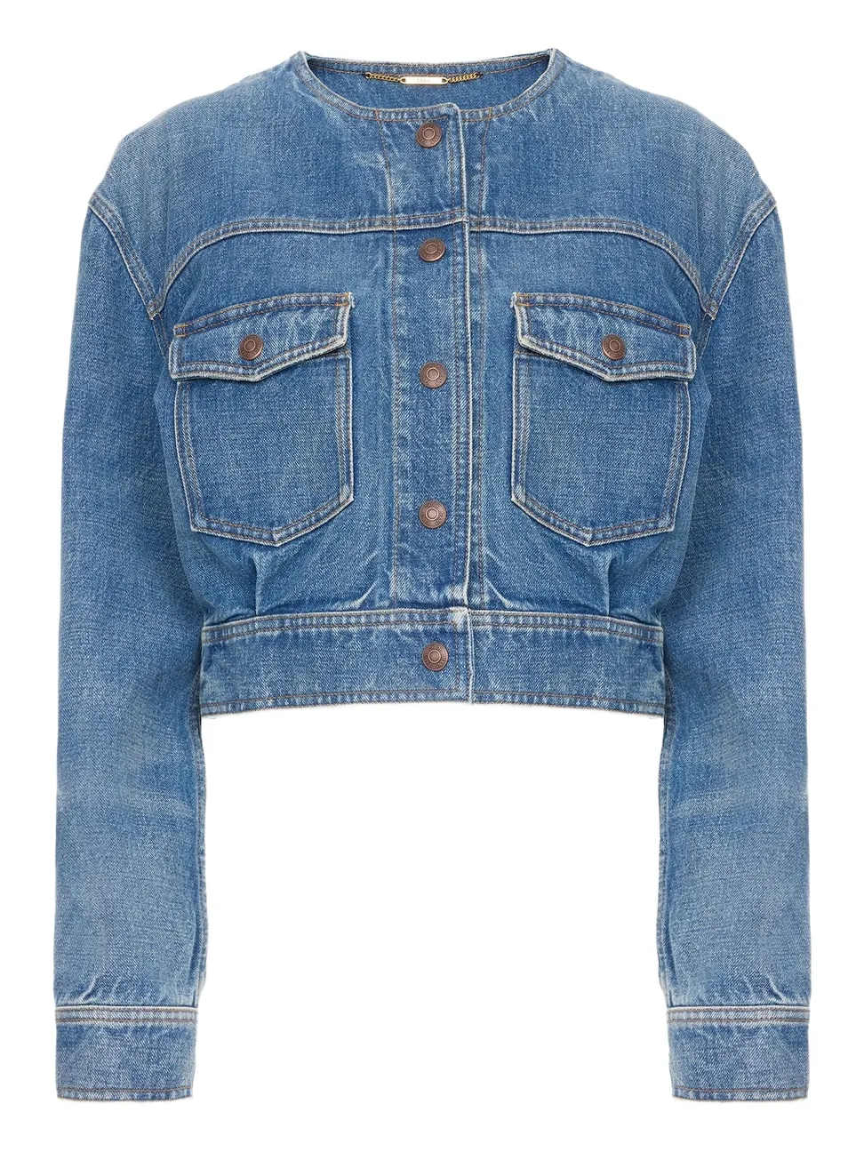 Collarless cropped jacket in denim Collarless cropped jacket in denim