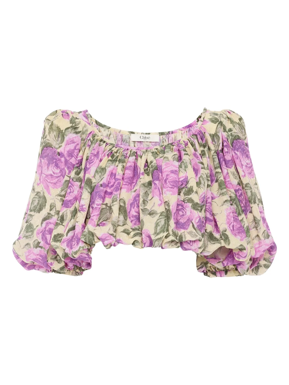 Chloé Puff-sleeve cropped top in silk jacquard