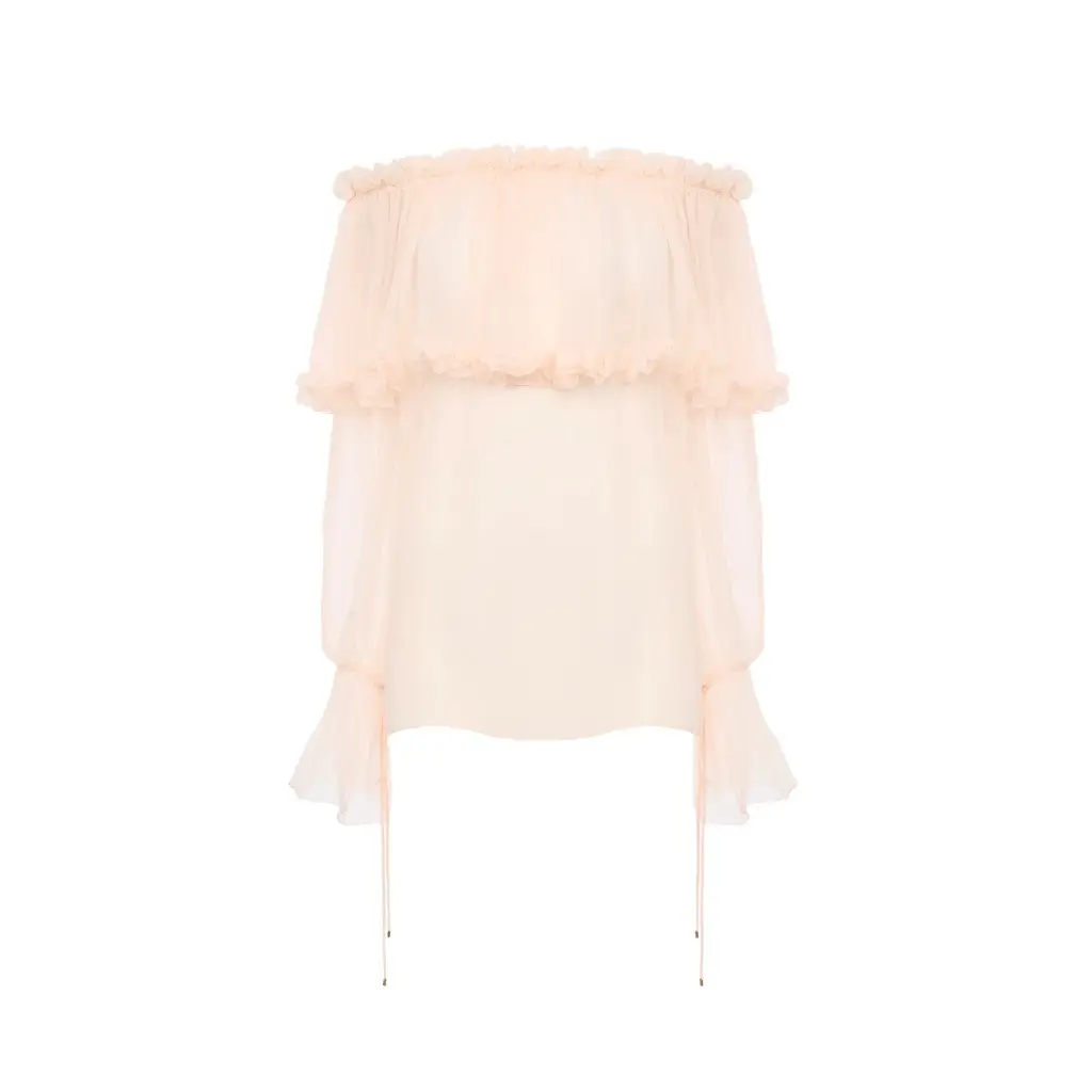Chloé Off-the-shoulder puff-sleeve top in silk mousseline | Image 1 Chloé Off-the-shoulder puff-sleeve top in silk mousseline | Image 1