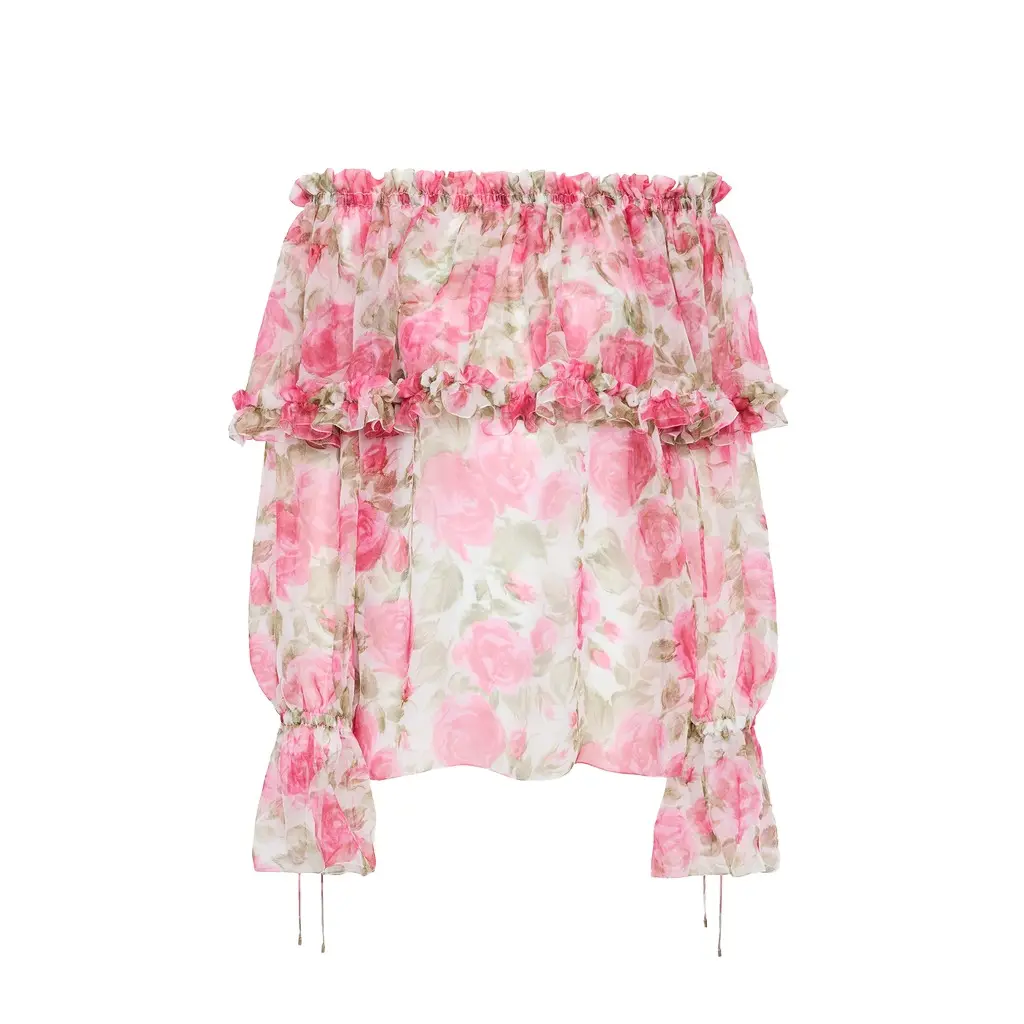 Chloé Off-the-shoulder puff-sleeve top in silk mousseline | Image 1 Chloé Off-the-shoulder puff-sleeve top in silk mousseline | Image 1