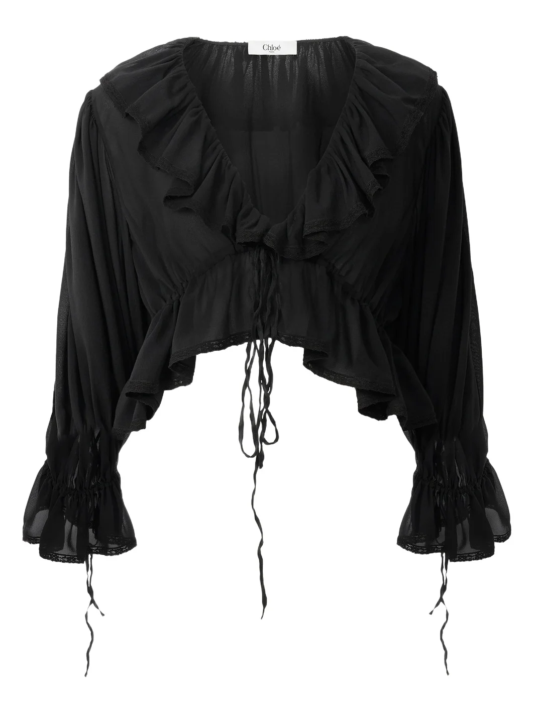 Chloé Cropped V-neck ruffle top in silk georgette & lace