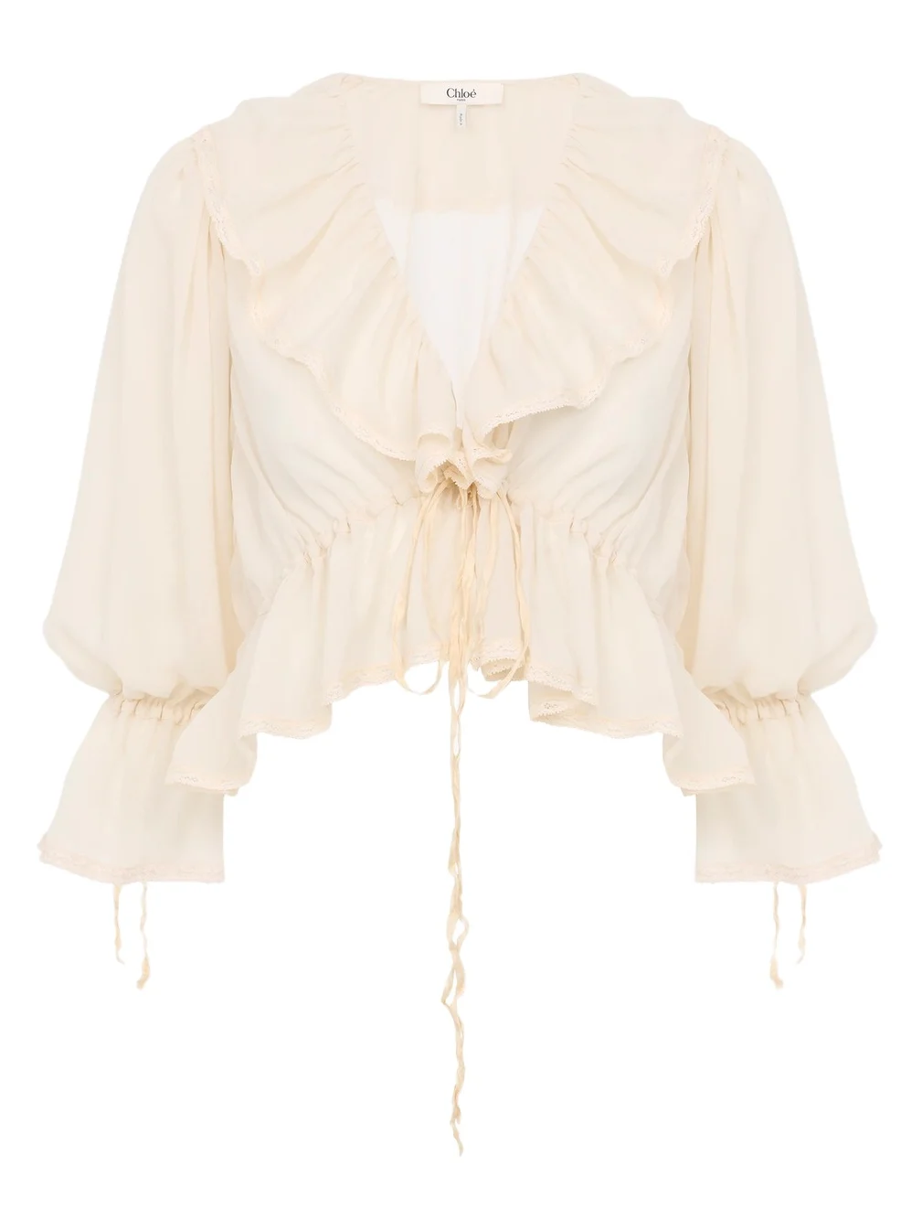 Chloé Cropped V-neck ruffle top in silk georgette & lace