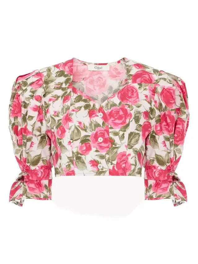 Puff-sleeve cropped top in cotton poplin