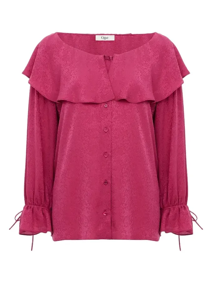 Round-neck ruffle blouse in silk jacquard