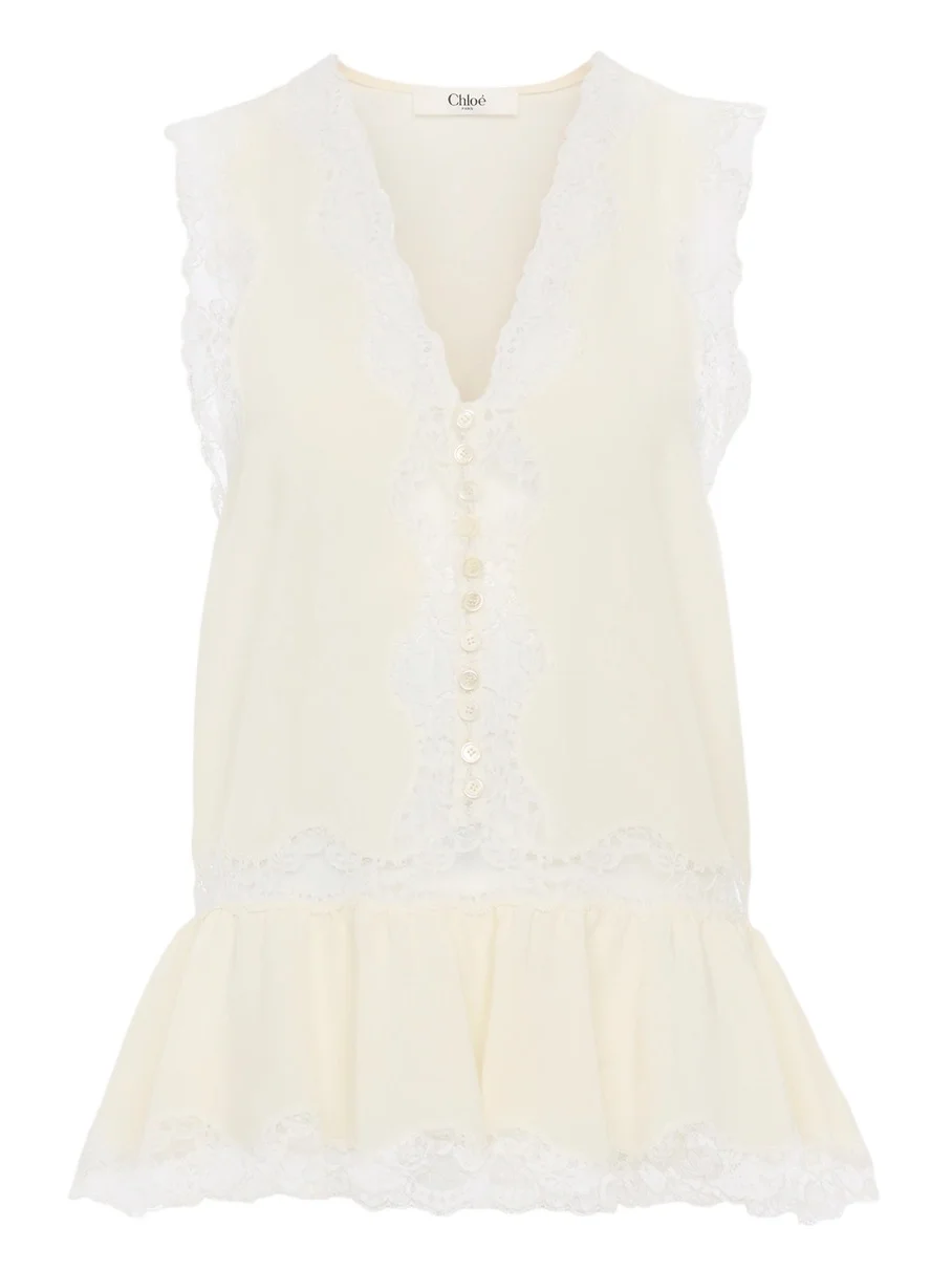 Chloé Sleeveless peplum top in crêpe de chine & lace