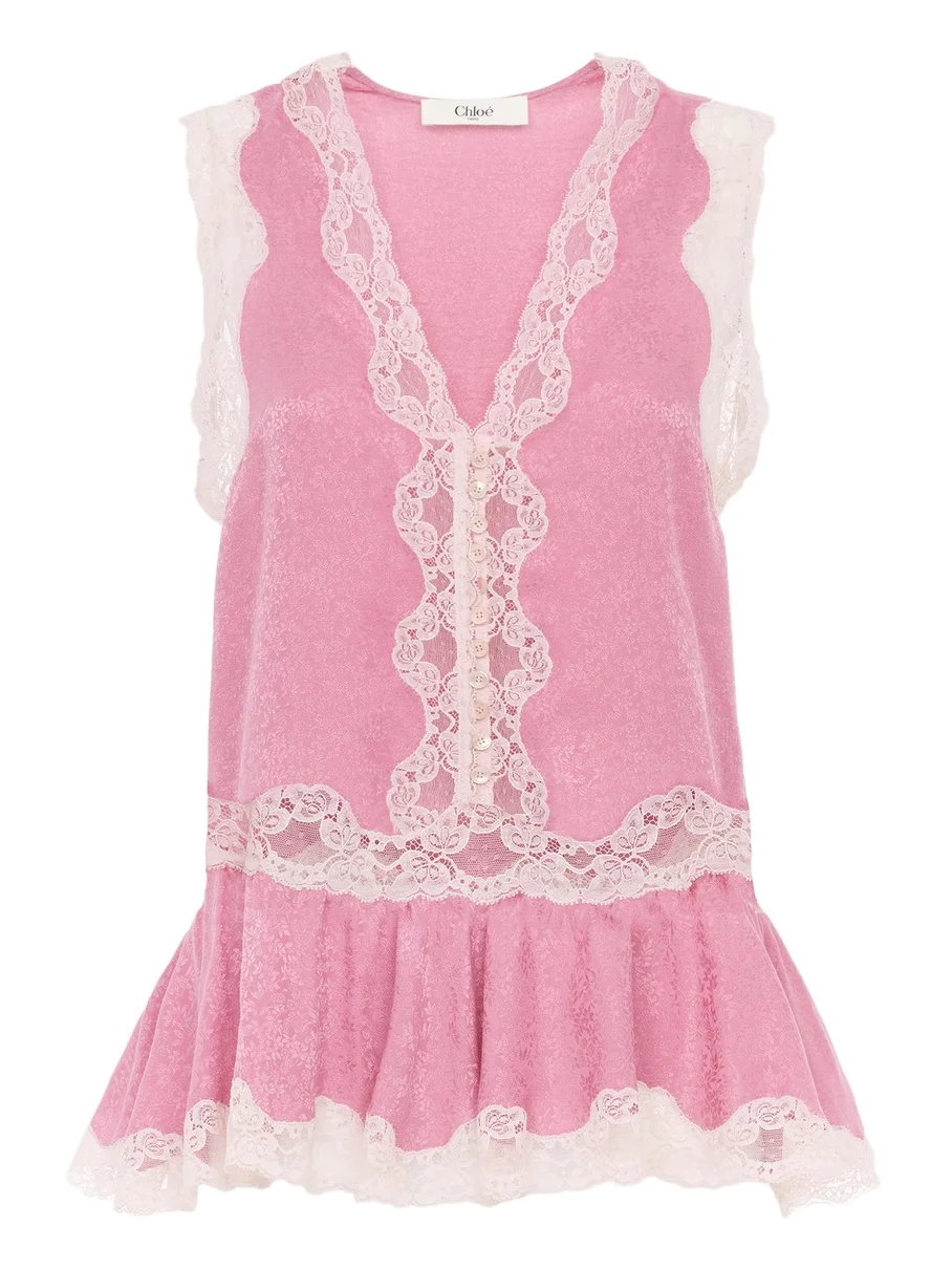 Sleeveless peplum top in silk jacquard & lace Sleeveless peplum top in silk jacquard & lace